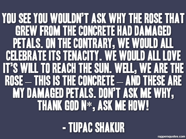 You see you wouldn’t ask why the rose that grew from the concrete had damaged petals. On the contrary, we would all celebrate its tenacity. We would all love it’s will to reach the sun. Well, we are t