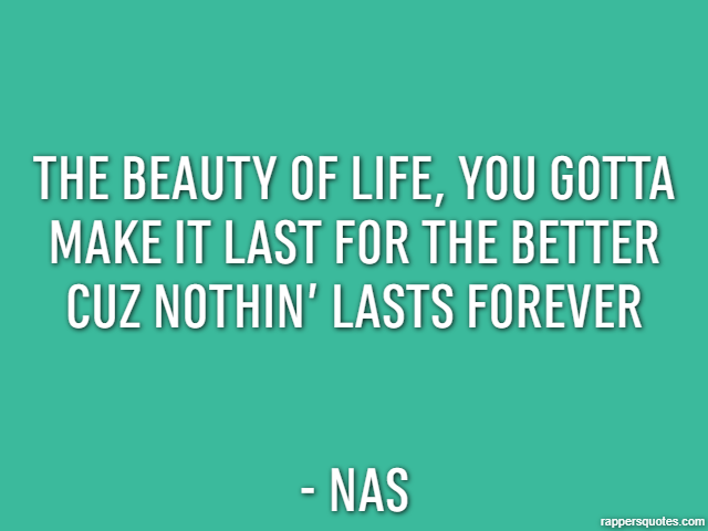 The beauty of life, you gotta make it last for the better
Cuz nothin’ lasts forever - Nas